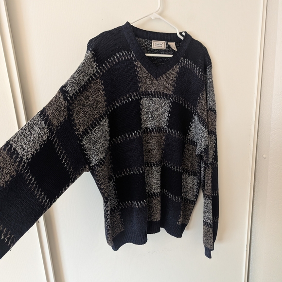 Vintage Bugle Boy Men XL V-Neck Sweater Blue Gray Eclectic Grandpa Cabin Cottage - Picture 4 of 6